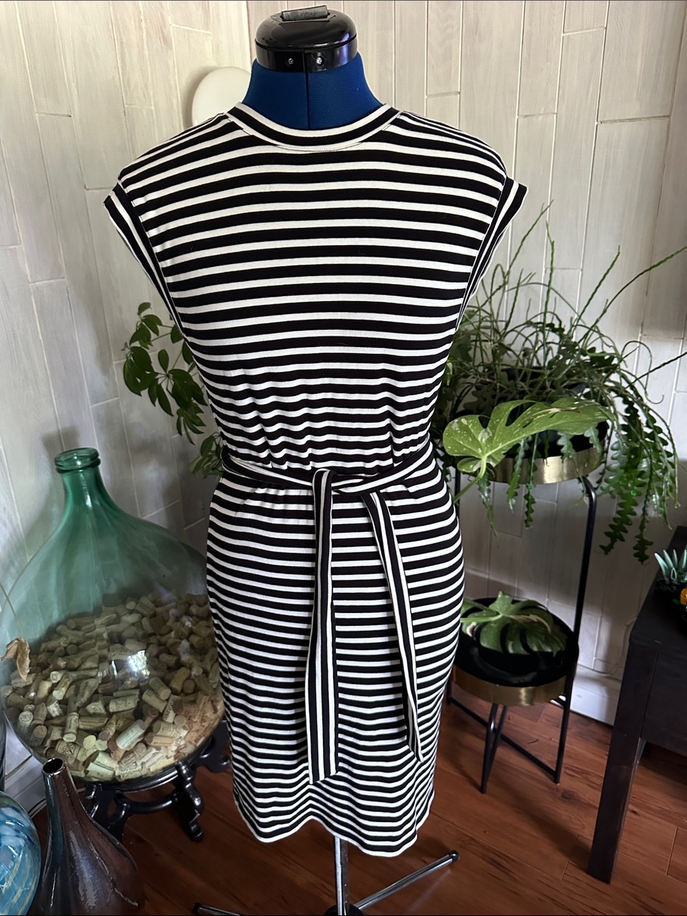 Striped Black and White Belted Midi Dress